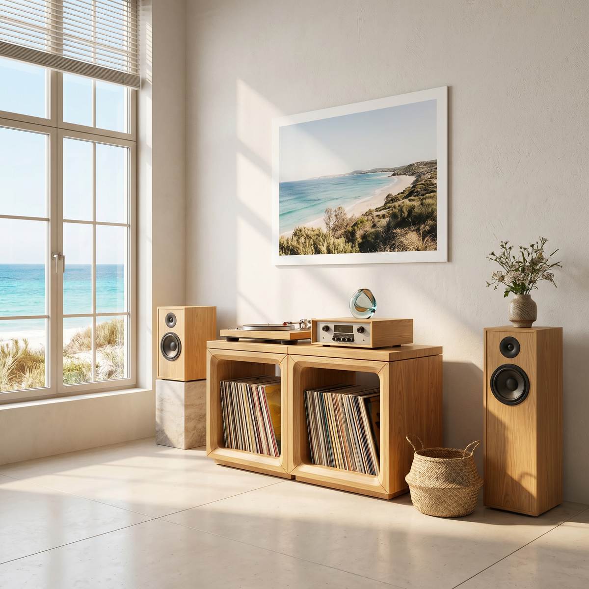 Coastal Minimalist Record Storage Cabinet Beach House
