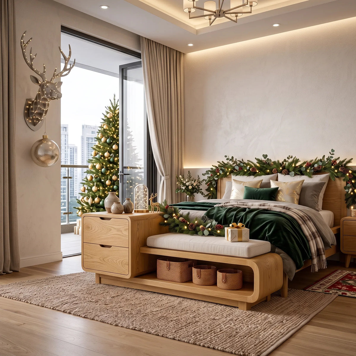Christmas Wooden Storage Bench Cushion For Cozy Bedroom Decor