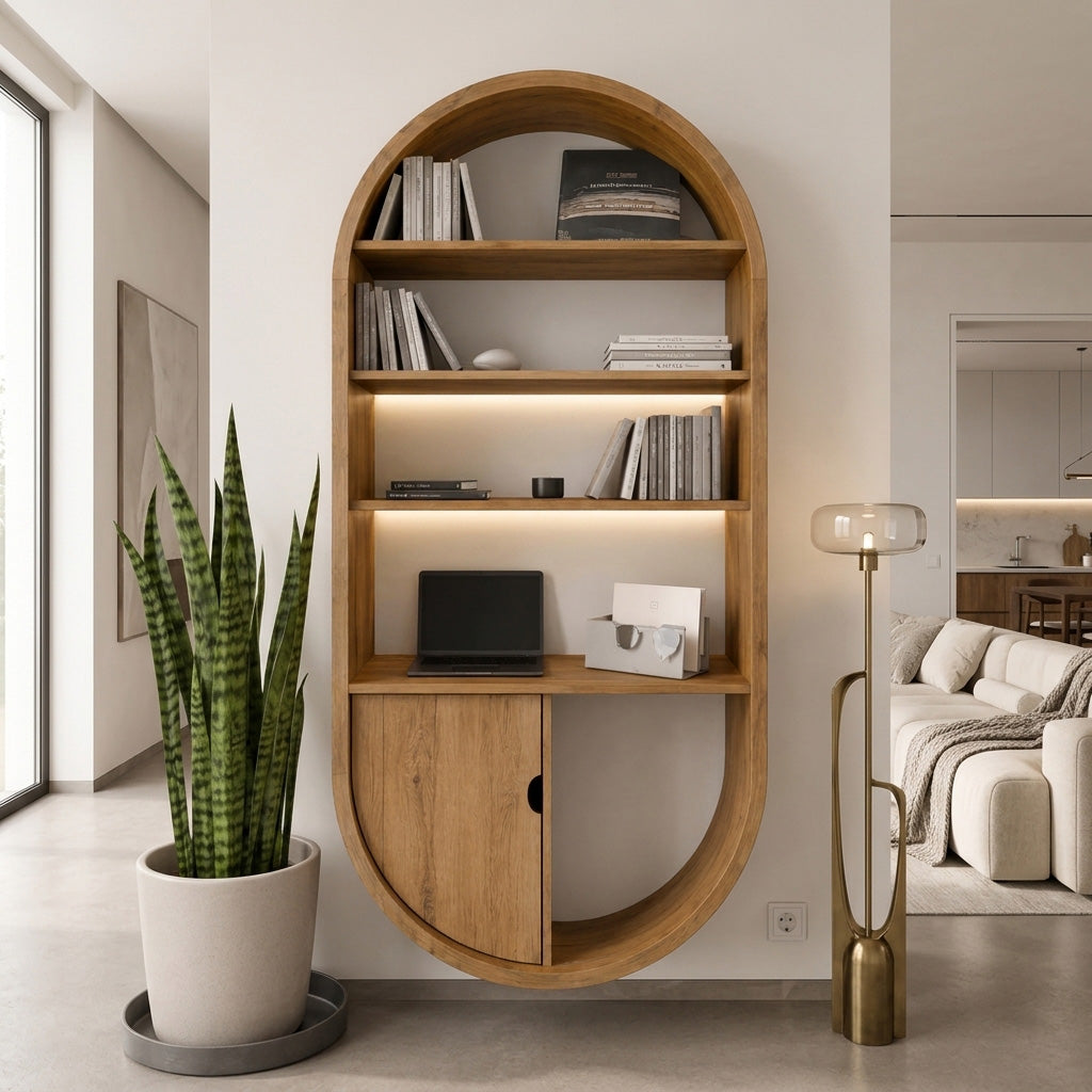Arched Wooden Wall Bookshelf With Storage For Living Room