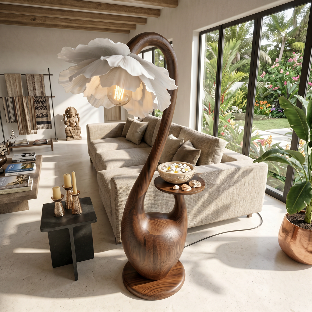 Artistic Floor Lamp With Sculptural Organic Base And Integrated Shelf For Reading Nook - view 2