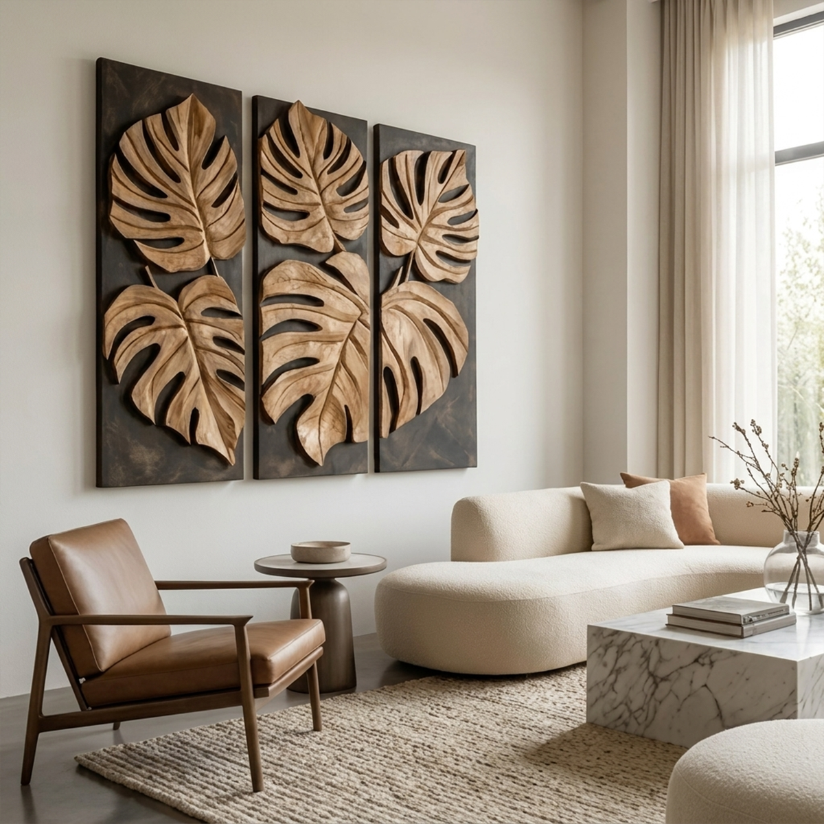 Carved Monstera Leaf Solid Wood Wall Art Triptych Statement Decor