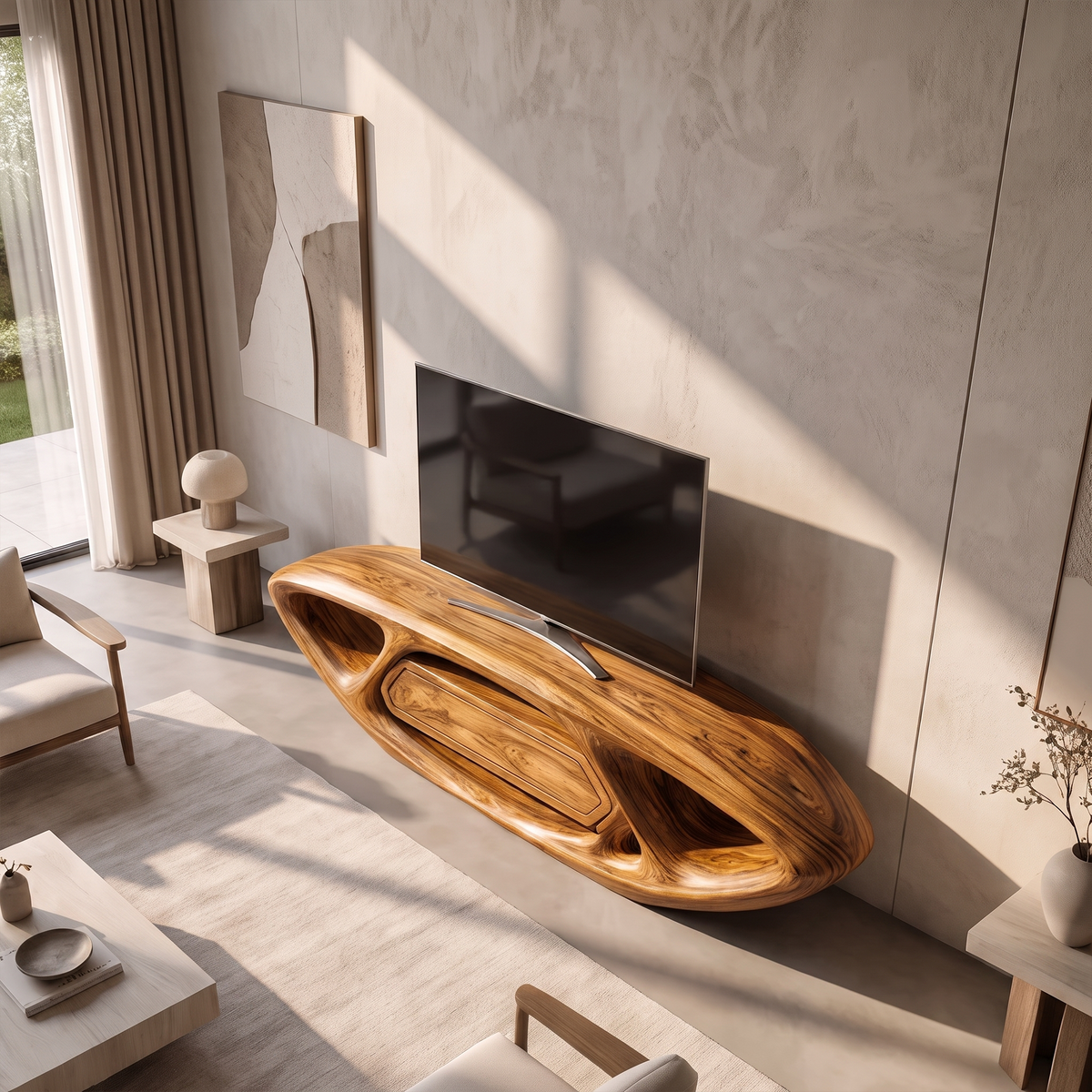 Contemporary TV Cabinet With Sculptural Oval Frame And Open Storage For Living Room