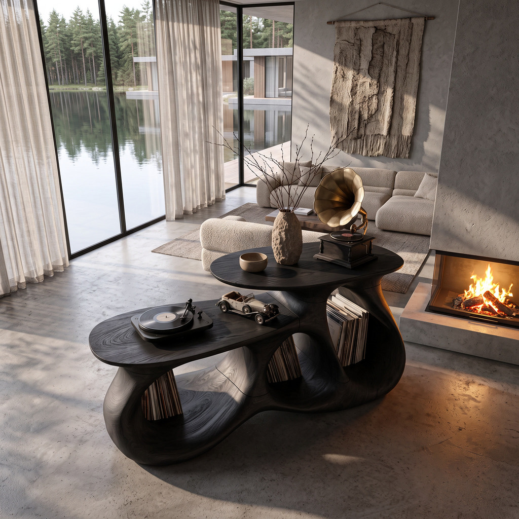 Contemporary Vinyl Record Cabinet With Interlocking Curved Forms For Living Room - view 2