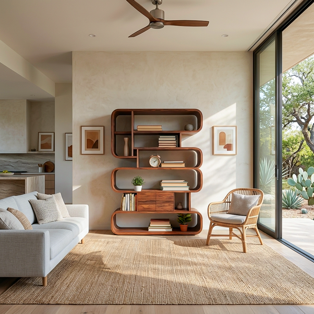 Contemporary Natural Wood Bookshelf With Rounded Form For Home