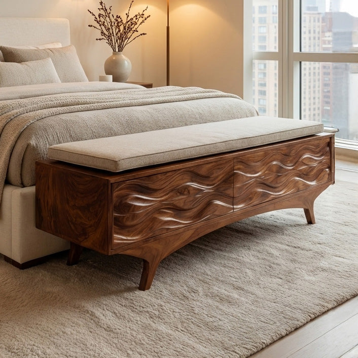 Coastal Wave Carved Storage Bench For Entryway