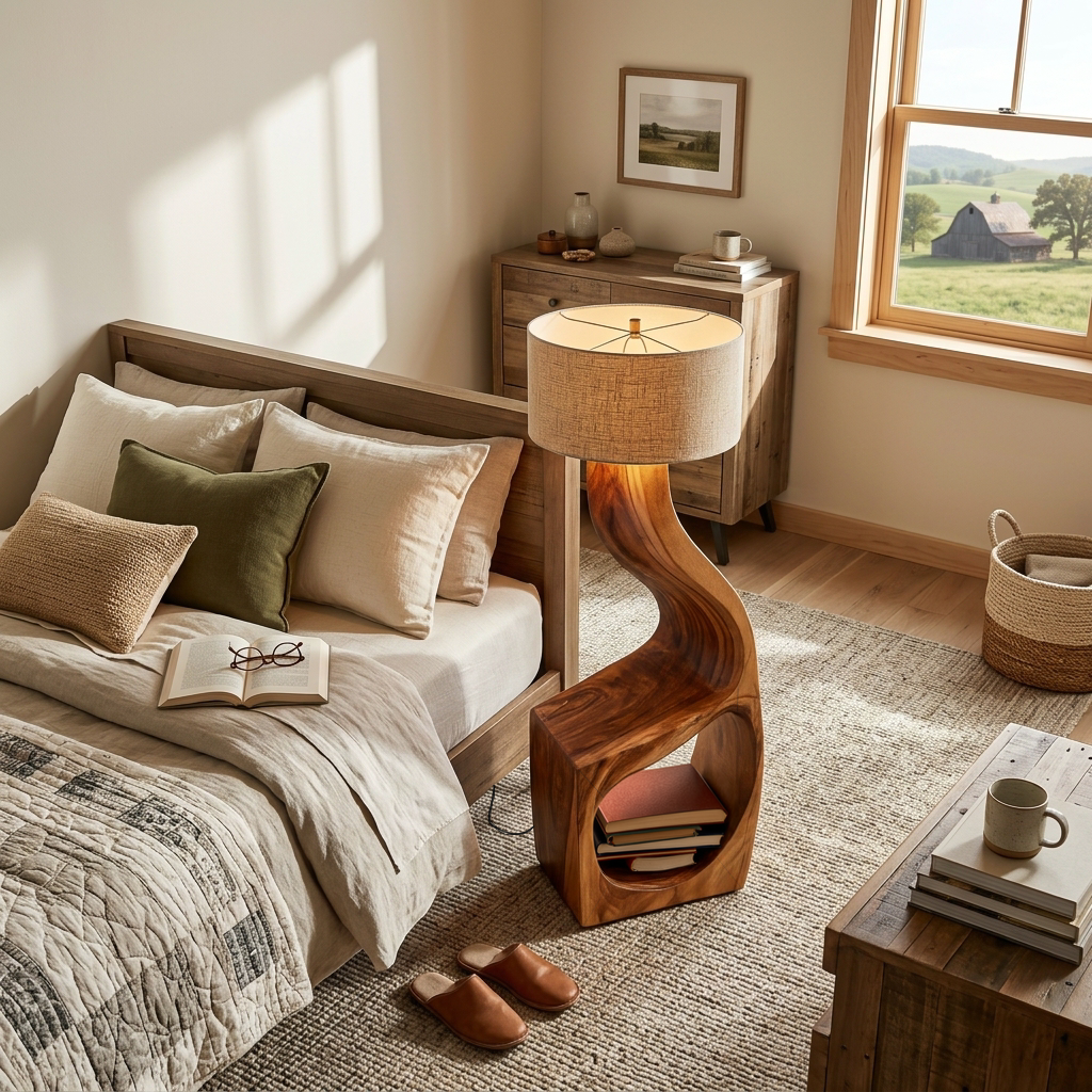 Artistic Natural Wood Standing Lamp With Shelf For Home Library