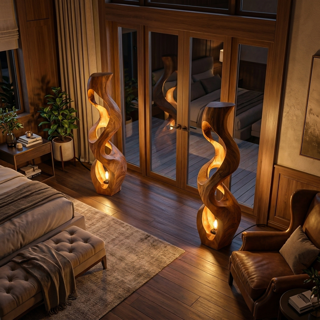Artistic Wooden Floor Lamp With Flowing Form For Bedroom