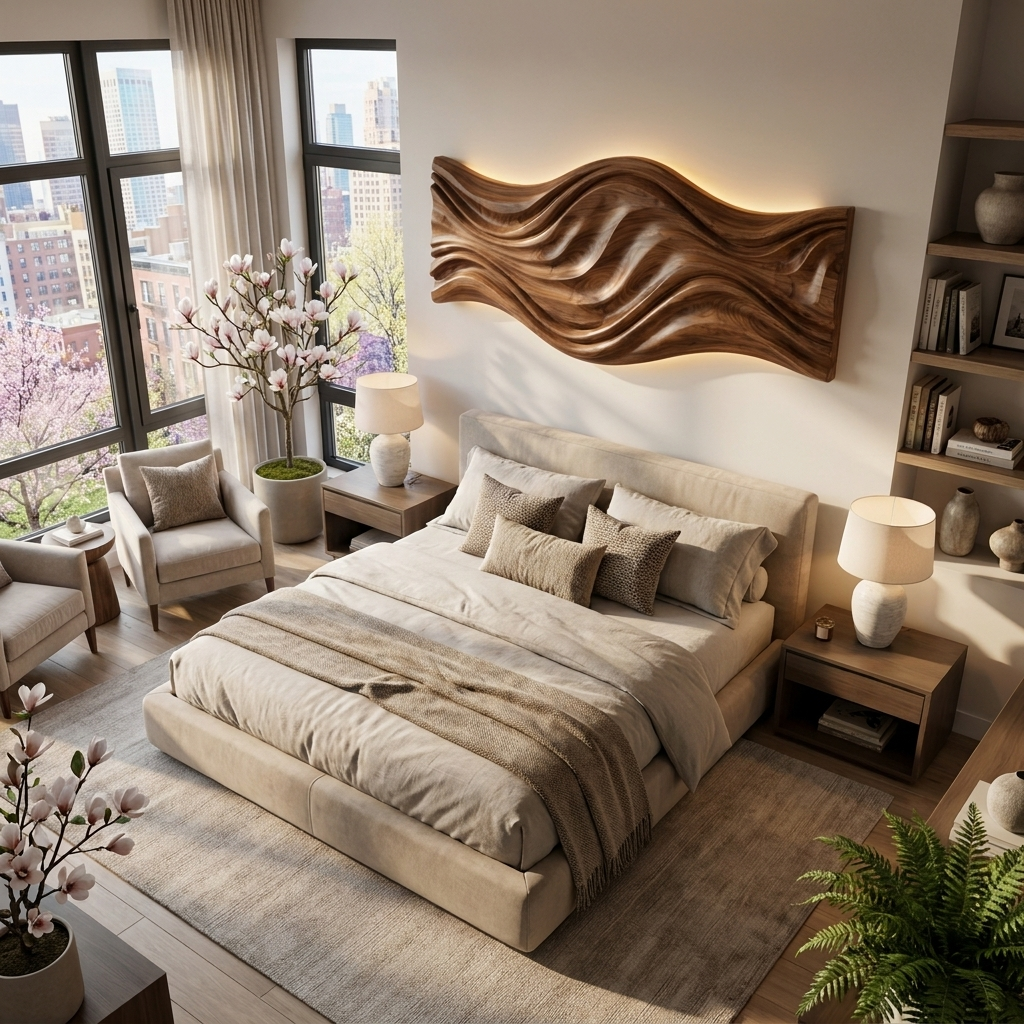 Artistic Wood Wall Art With Carved Wavy For Family Room