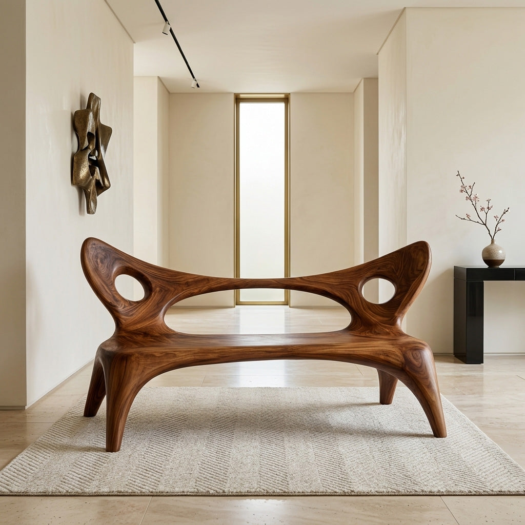 Artistic Wood Bench With Sculptural Backrest For Living Room