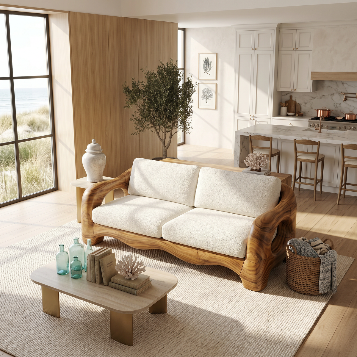 Contemporary Curved Wood Sofa Urban Apartment Interior