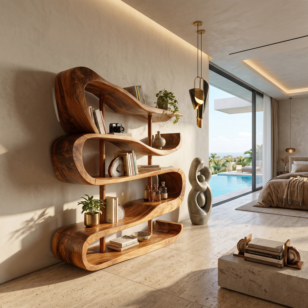 Artistic Wooden Display Shelf In Organic Form