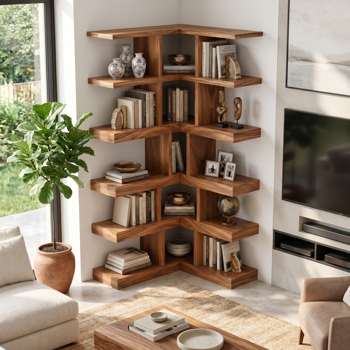 Contemporary Corner Bookcase For Modern Living Room