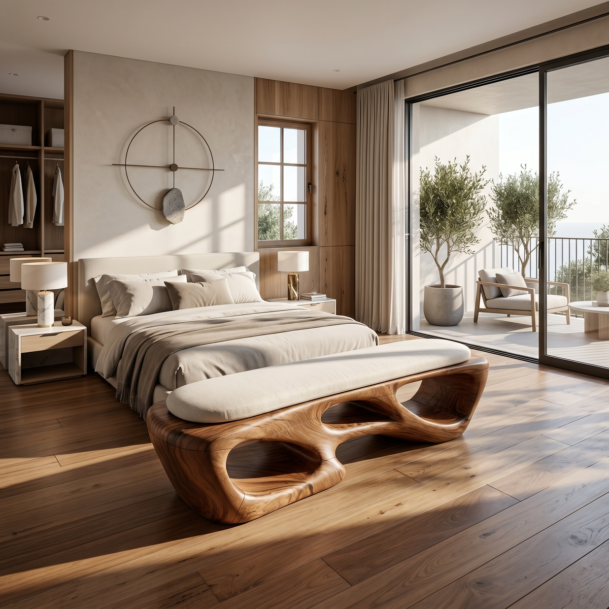Curved Solid Wood Bench Luxury Living Room - view 2