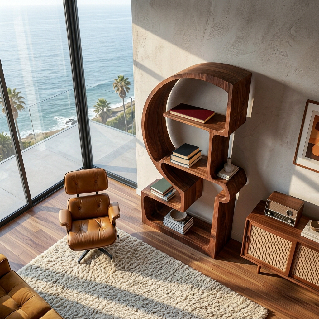 Artistic Wooden Bookshelf With Unique Curved Structure For Home