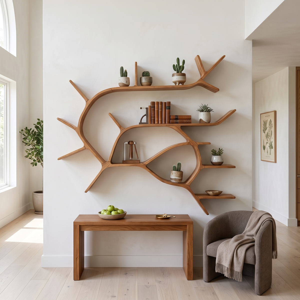 Boho Tree Branch Wall Mounted Bookshelf for Entryway