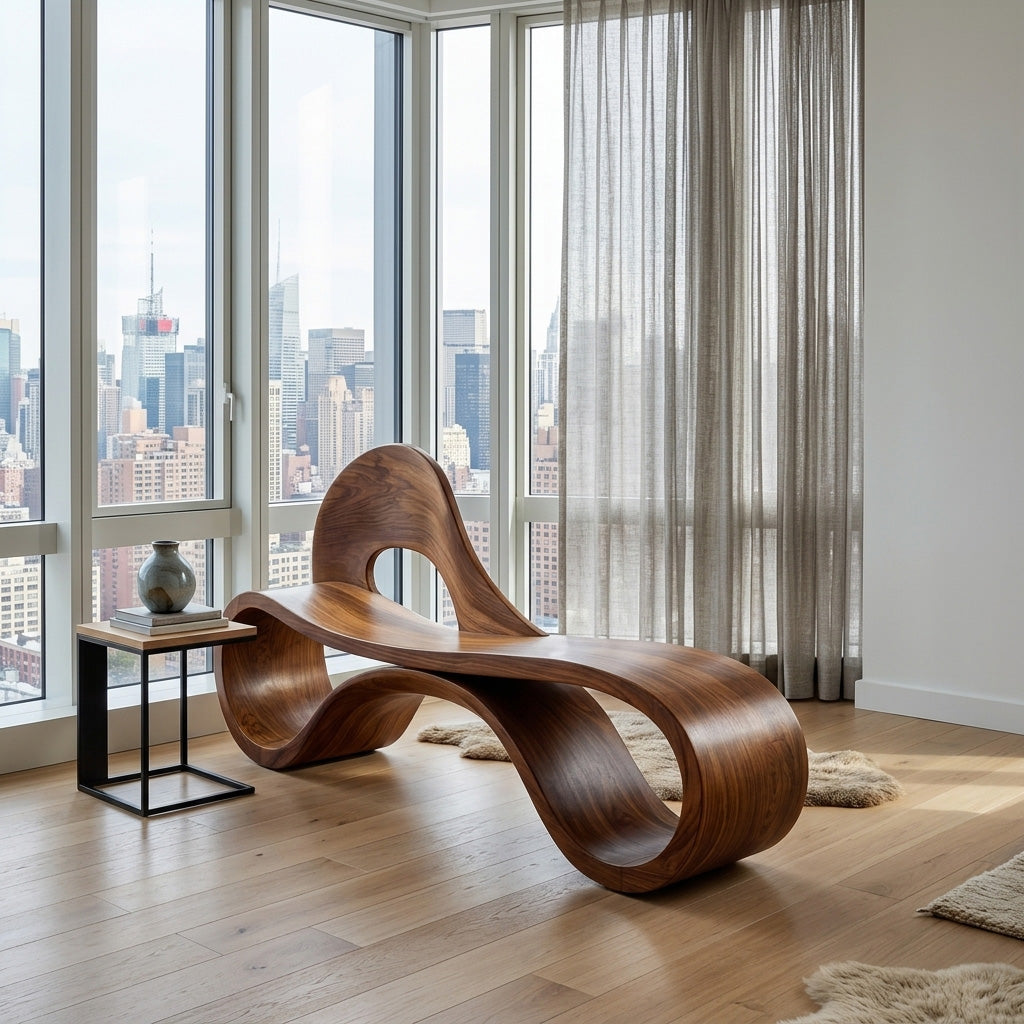 Artistic Wooden Bench With Flowing Sculpture For Luxury Interior