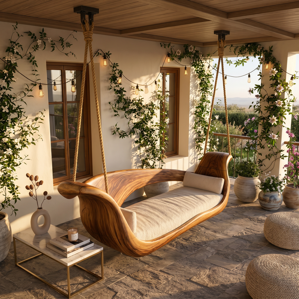 Artistic Sculptural Wooden Swing Bed Coastal Living Collection