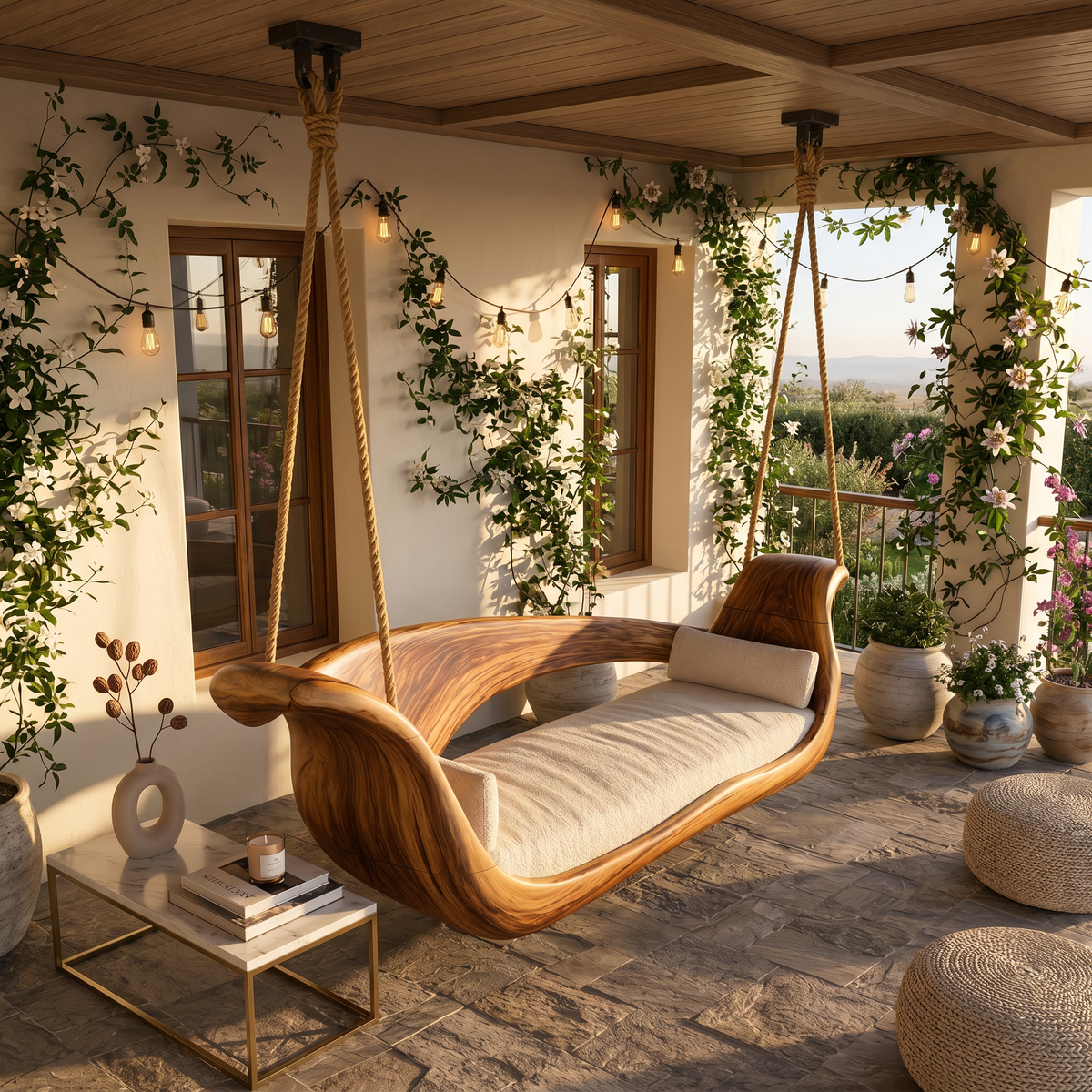 Artistic Sculptural Wooden Swing Bed Coastal Living Collection
