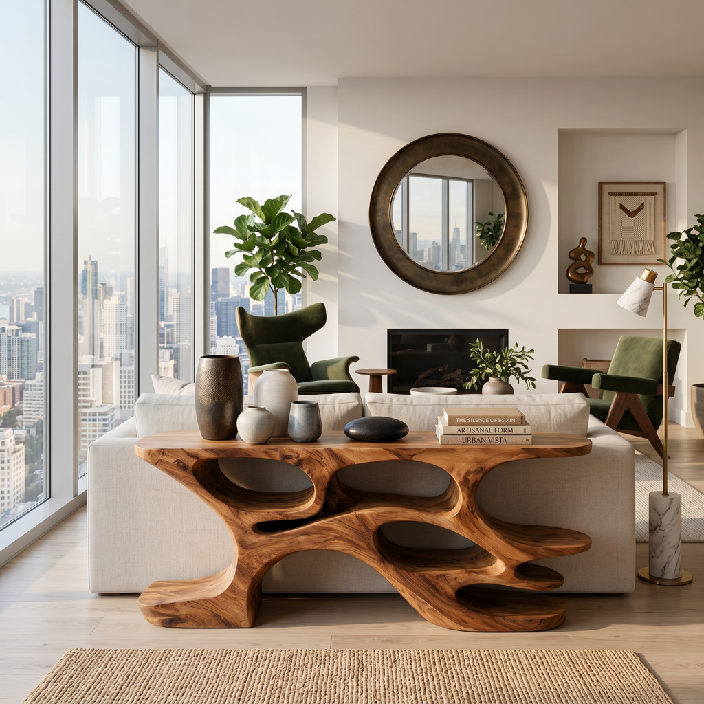 Artistic Wooden Console Table With Cutout Shelves For Home Decor