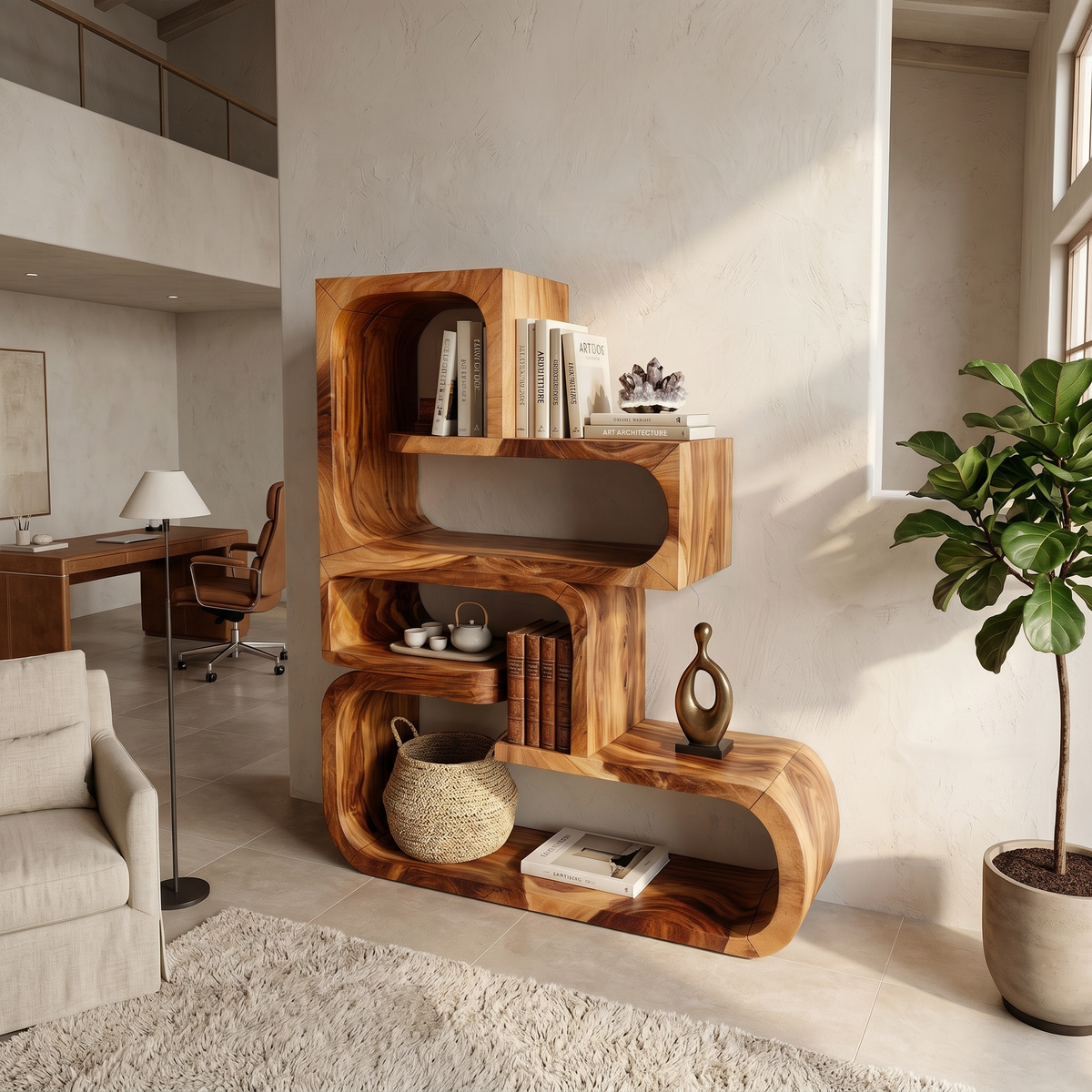 Contemporary Wave Edge Wooden Bookcase In Natural Finish - view 2
