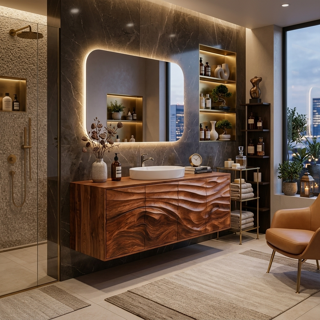 Contemporary Bathroom Vanity With Statement Wave Front For Bathroom Interior