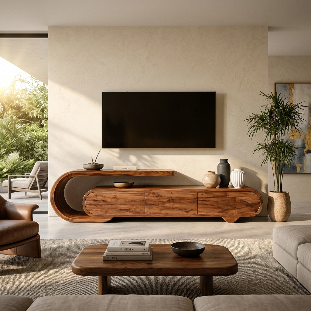 Contemporary Natural Wood TV Console For Home Storage