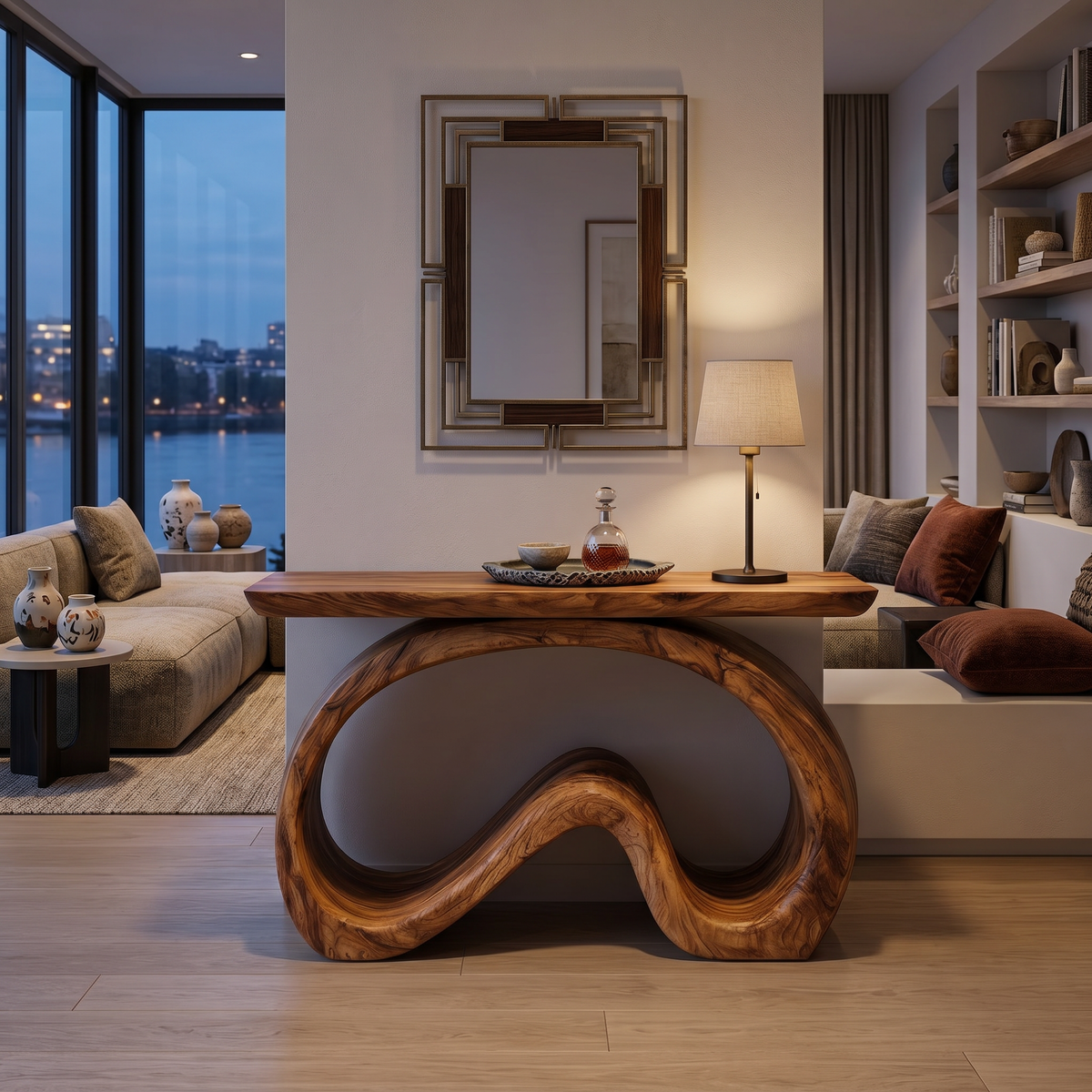Artistic Wooden Console Table With Flowing Wood Base For Living