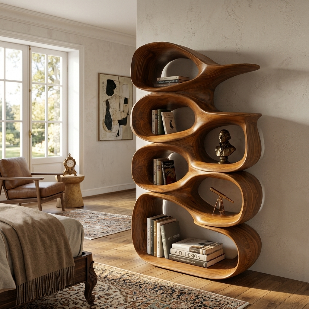 Artistic Wooden Bookshelf With Sculptural Display Shelving For Home Decor