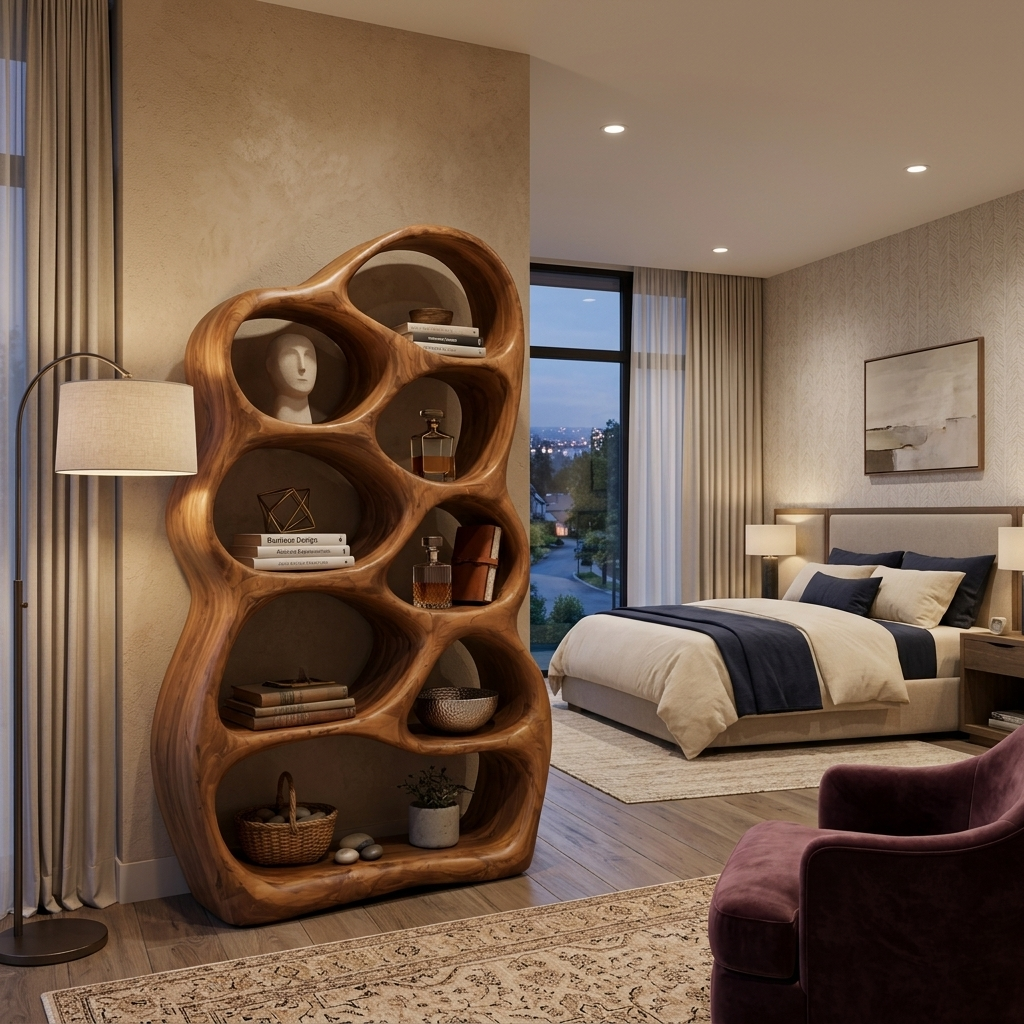 Artistic Sculptural Wood Bookshelf With Multi Tiers For Living Room