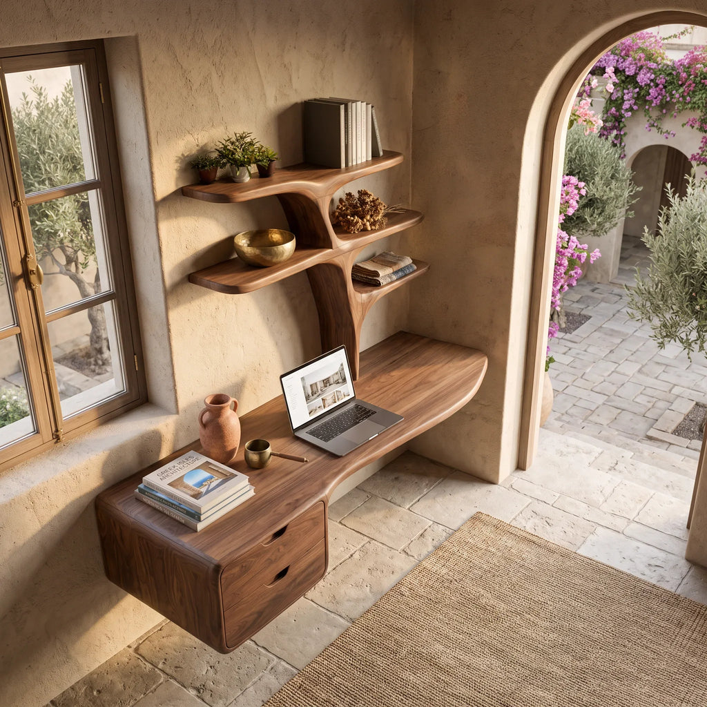 Contemporary Floating Desk Tree Form Bookshelf And Drawer For Workspace