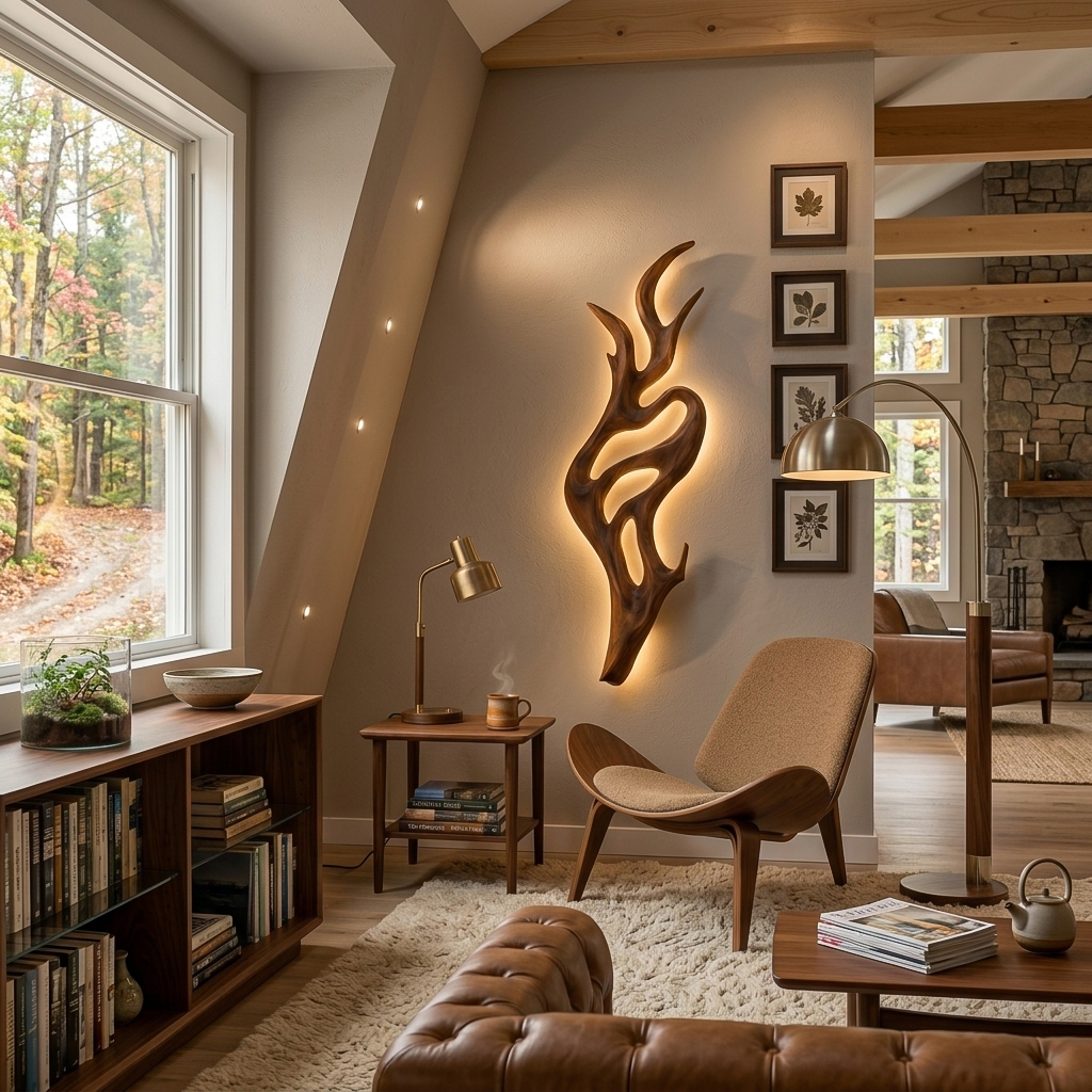 Artistic Wood LED Wall Sculpture With Sculptural Form For Bedroom