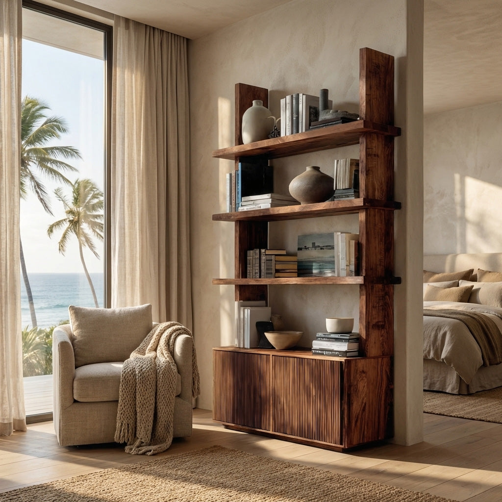 Contemporary Fluted Wood Bookshelf For Living Decor