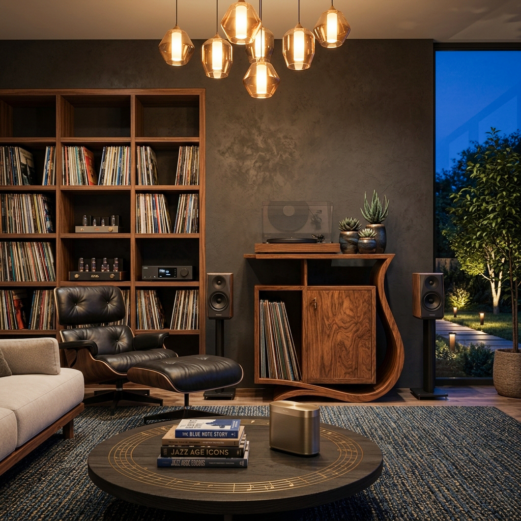 Contemporary Record Player Stand With Asymmetrical Form For Living Room