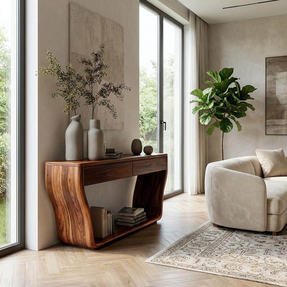 Contemporary Natural Wood Console Table With Two Drawers For Entryway