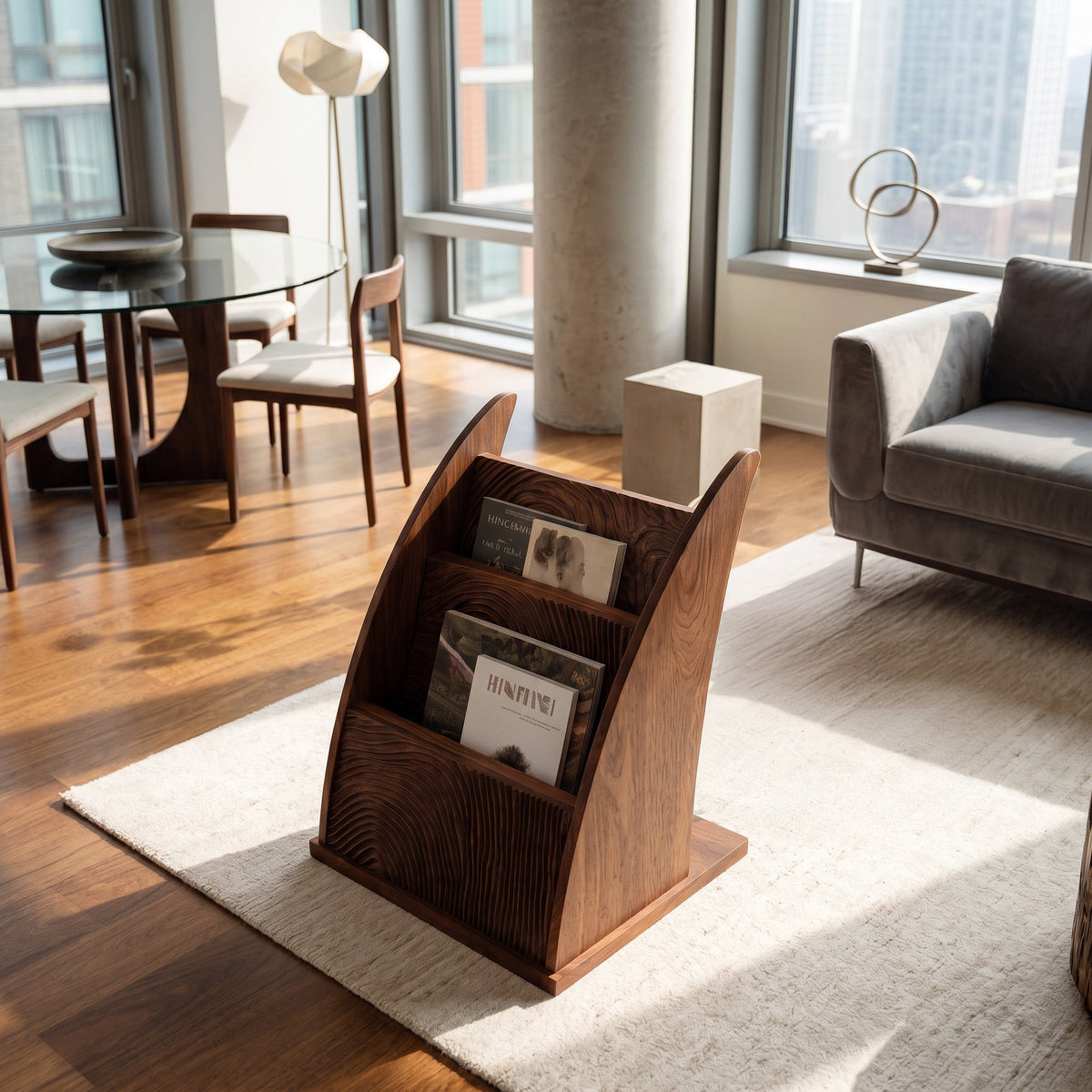 Contemporary Carved Wood Magazine Rack For Reading Corner