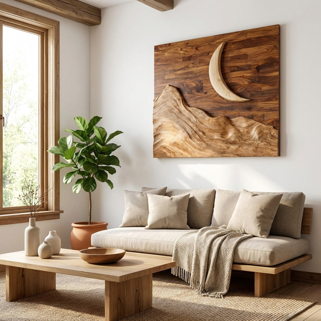Contemporary Moon Over Mountains Wooden Wall Art For Home