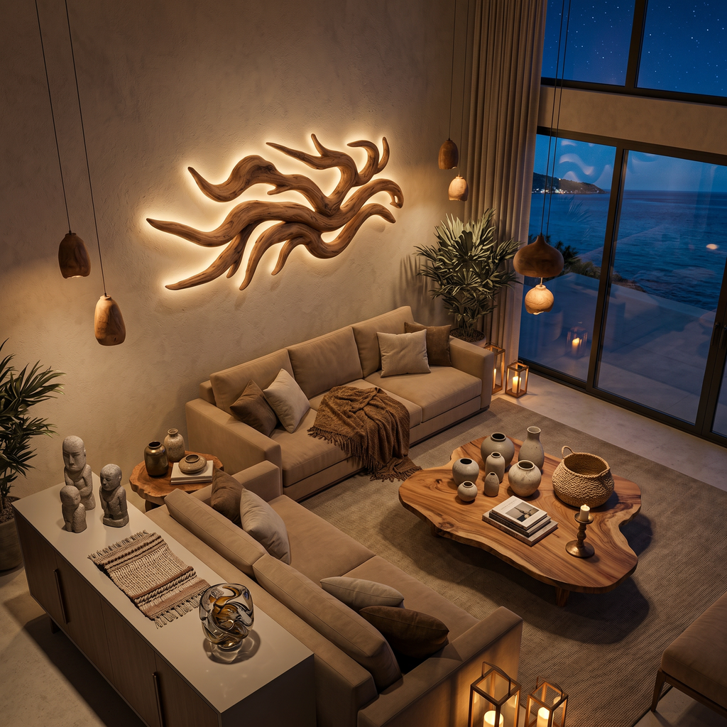 Artistic Wood LED Wall Sculpture Flowing Root Design For Bedroom Decor
