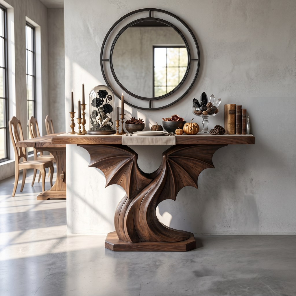 Contemporary Halloween Console Table With Sculptural Bat Wing Design For Entryway And