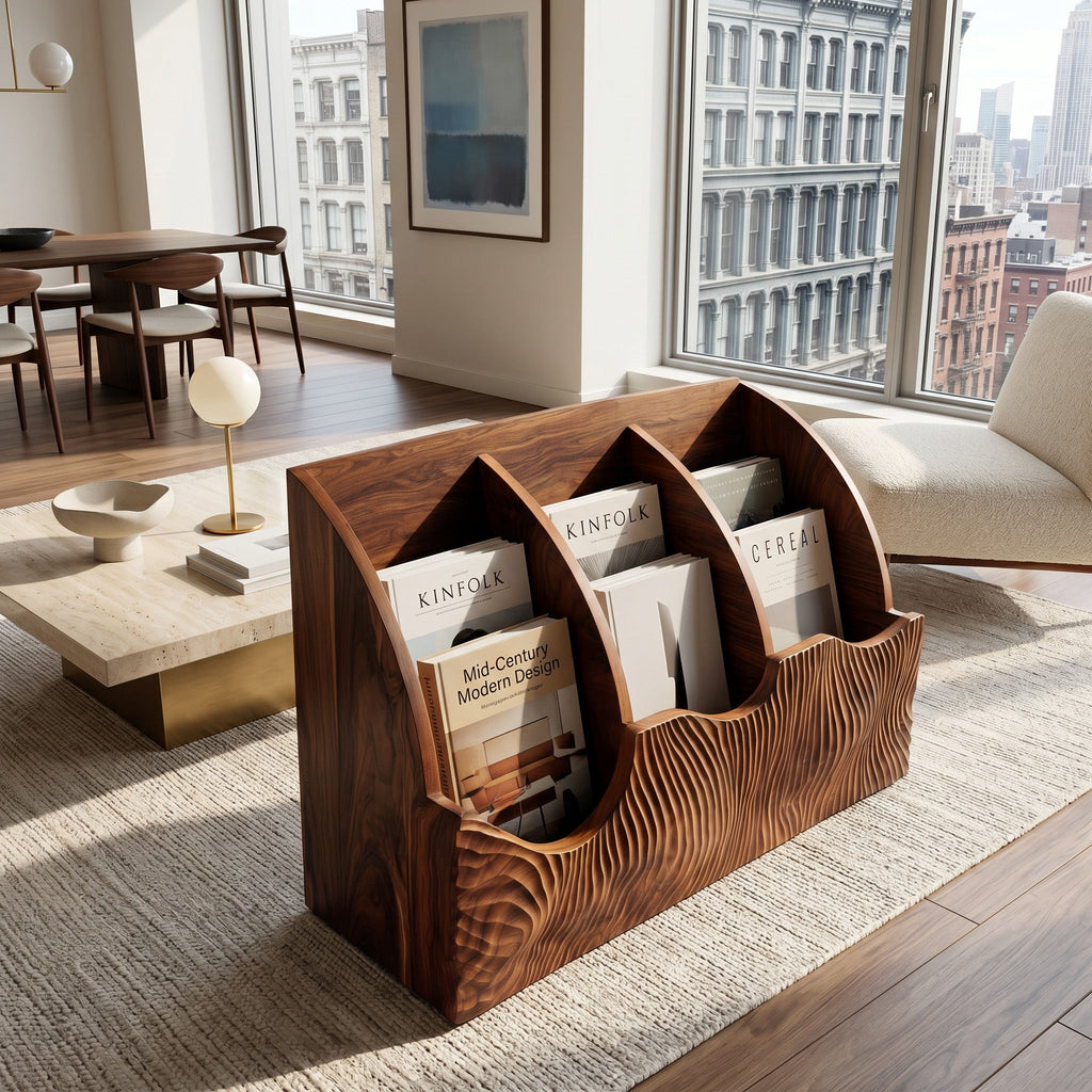 Contemporary Carved Curved Wood Magazine Rack For Living Room