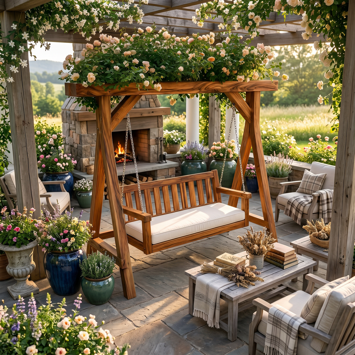 Elegant Wooden Swing With Planter Frame - view 2
