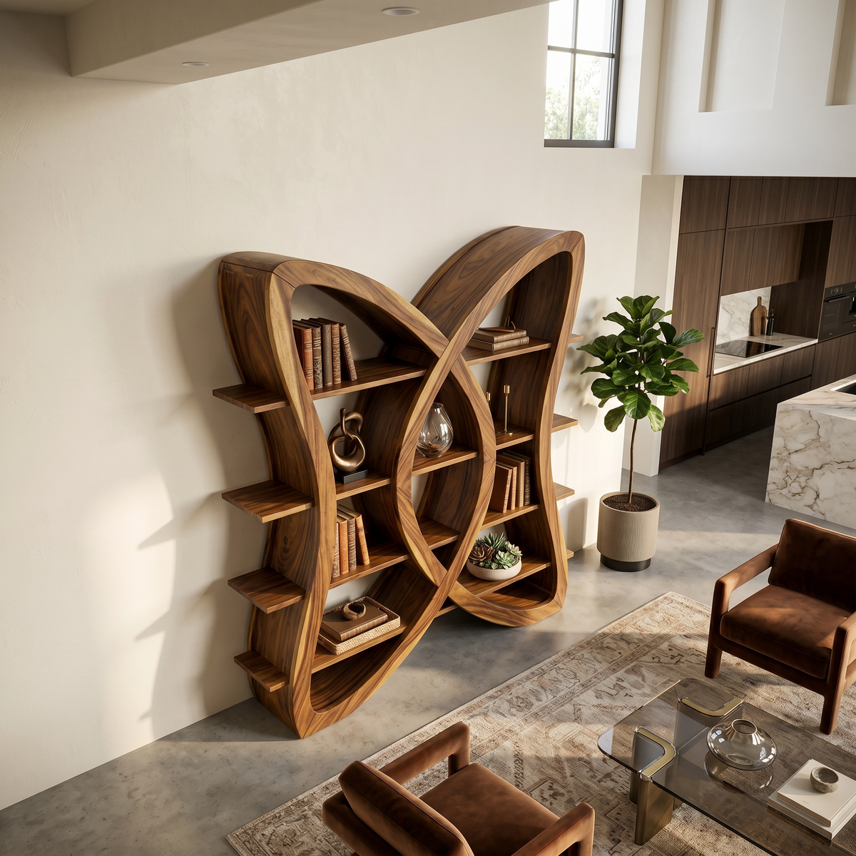 Butterfly Inspired Wooden Bookcase In Organic Style