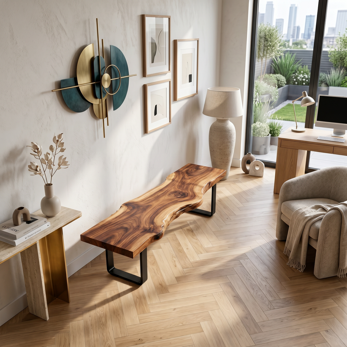 Contemporary Live Edge Long Bench For Sunroom Interior Area