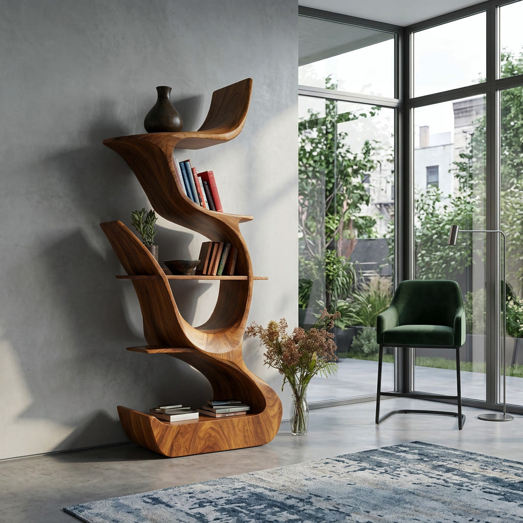 Contemporary Organic Wooden Bookshelf For Living Room Corner