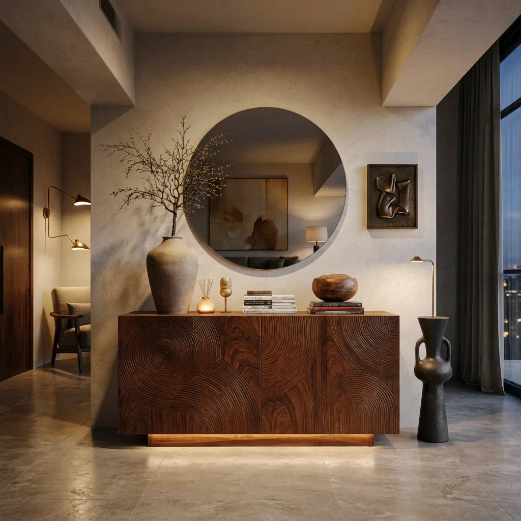 Contemporary Circular Ripple Carved Sideboard For Entryway