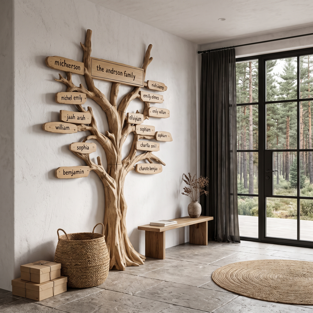 Contemporary Family Tree Wall Art With Custom Name Plaques For Entryway And Foyer