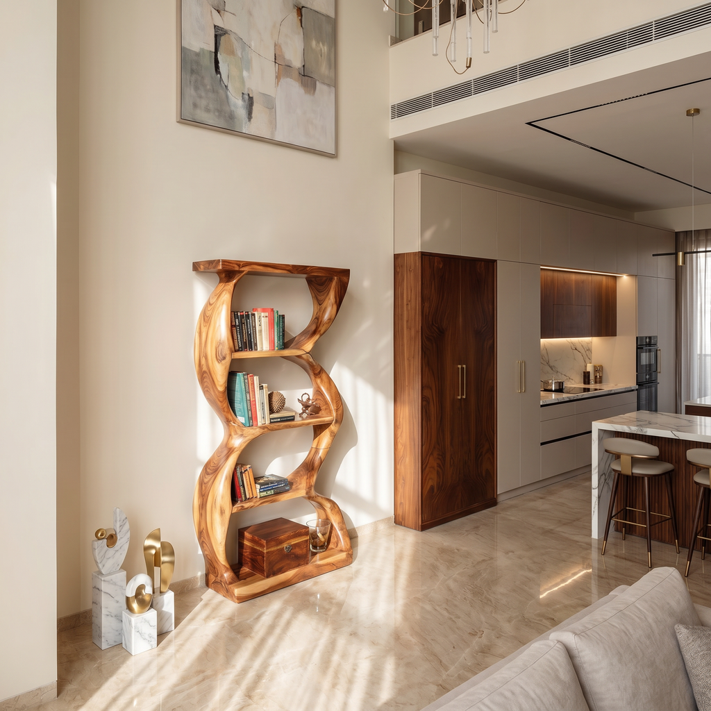 Coastal Inspired Curved Wooden Bookcase With Organic Form