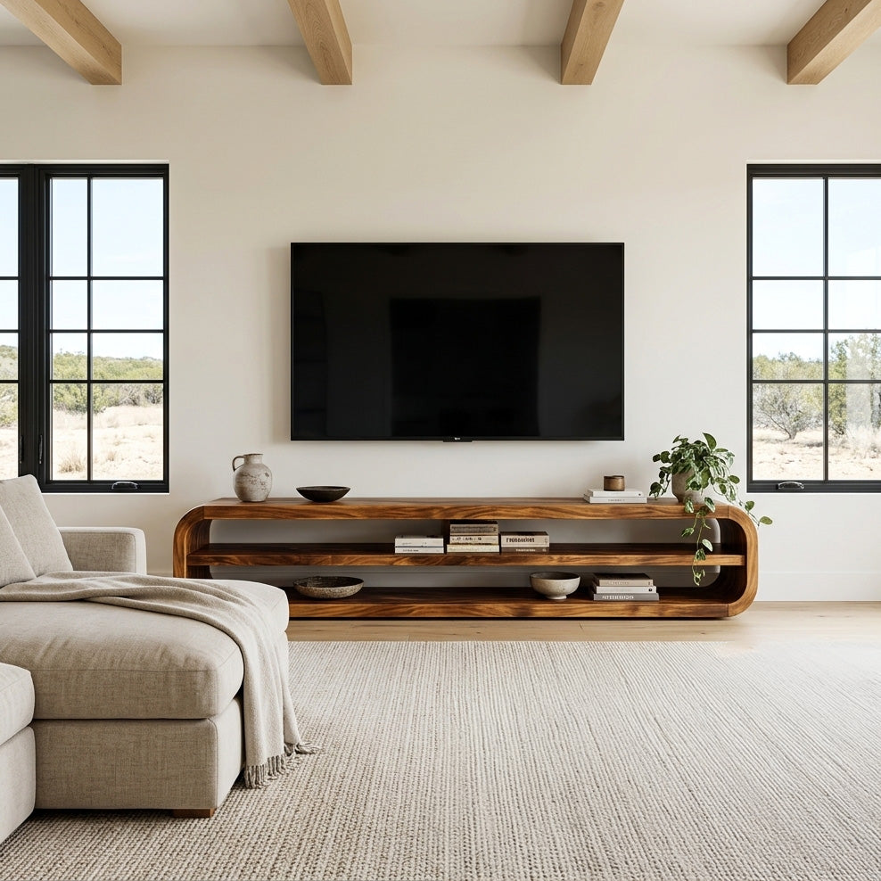 Contemporary Wooden TV Console With Open Storage For Living Room - view 2