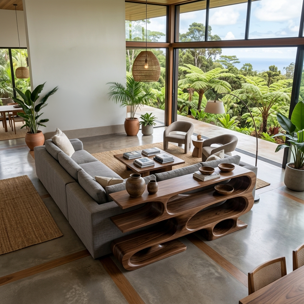 Contemporary Console Table With Multi Level Open Shelves For Living