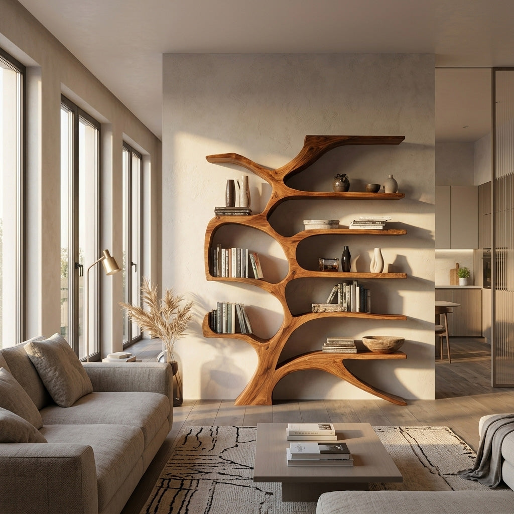 Contemporary Sculpted Wooden Bookshelf For Living Room Decor