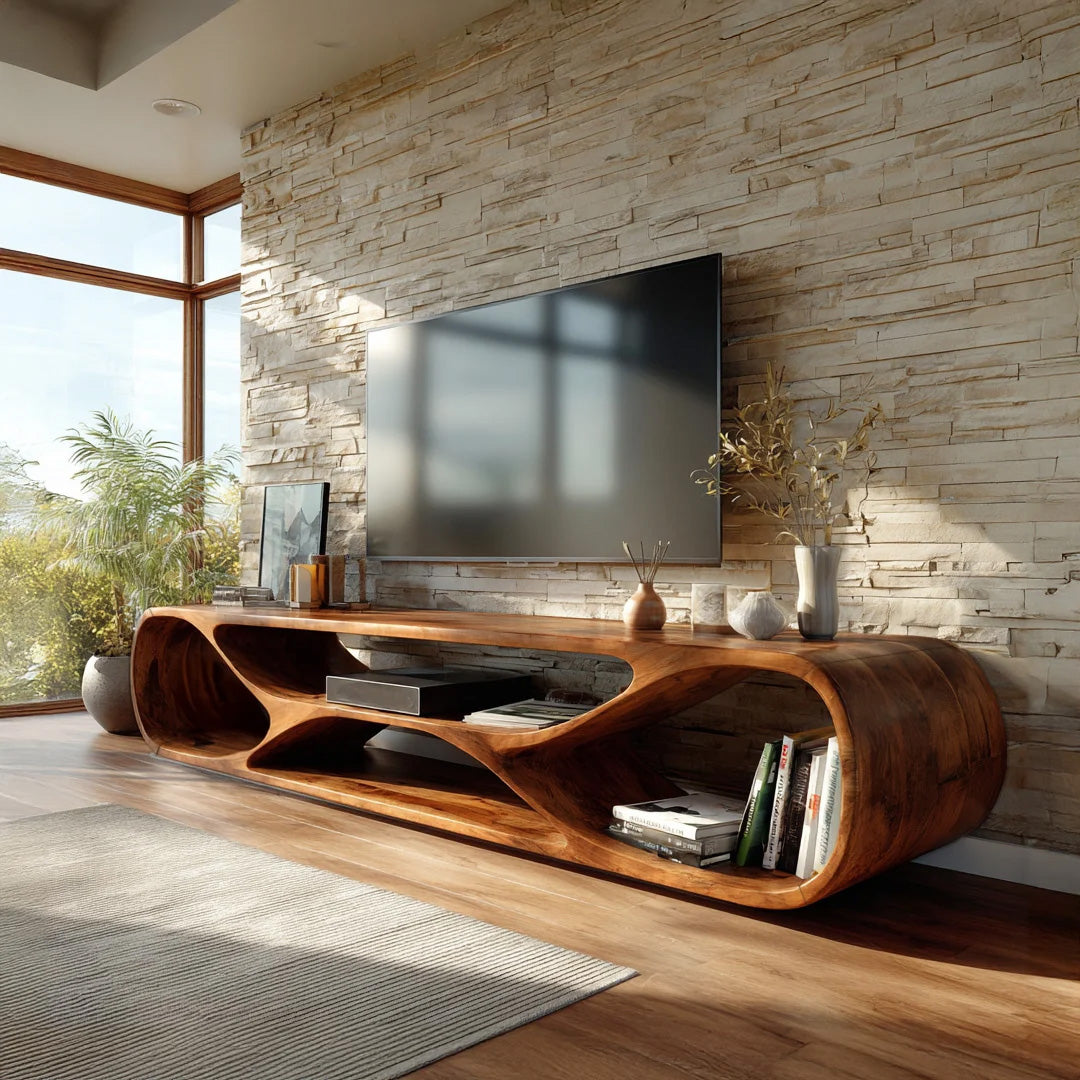 Contemporary Curved Wood TV Stand For Modern Living Room